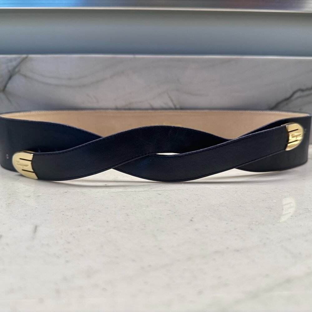 Vintage Salvatore Ferragamo navy leather belt with gold tone hardware